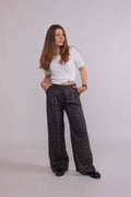Women’s wool plaid trousers in grey and burgundy check