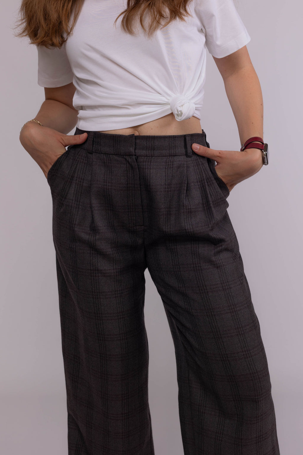 Classic women’s wool plaid trousers with grey and burgundy